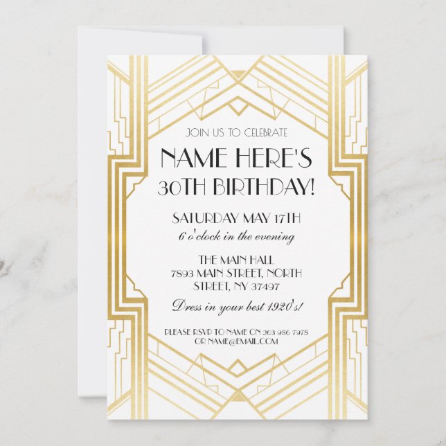1920's Birthday Gold Art Deco Invite Gatsby Party (Front)