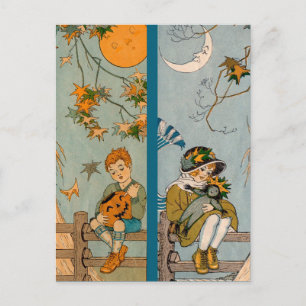 1920s boy and girl in autumn postcard