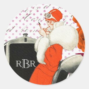 1920's Chic Parisian Fashion Model and Car Image Classic Round Sticker