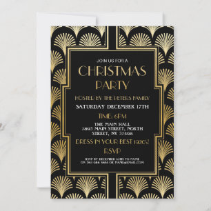 1920's Christmas Art Deco Party Gold Fan Invitation