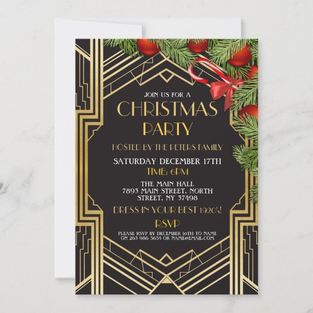 1920's Christmas Gatsby Party Gold Art Deco X-Mas Invitation (Front)