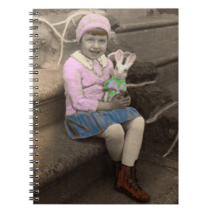 1920s cute little girl with bunny doll Happy Easte Notebook