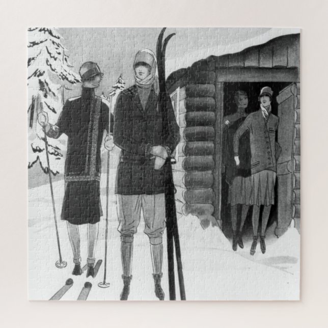 1920s Fashionable Women on Ski Trip BW Jigsaw Puzz Puzzle (Vertical)