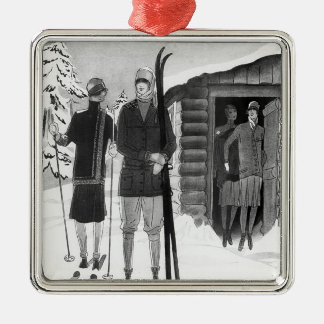 1920s Fashionable Women on Ski Trip BW Metal Tree Decoration (Front)