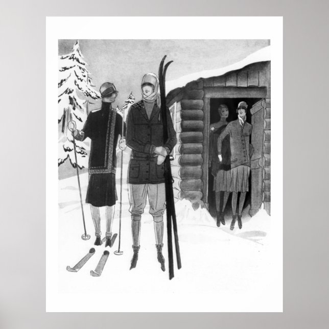 1920s Fashionable Women on Ski Trip BW Poster (Front)