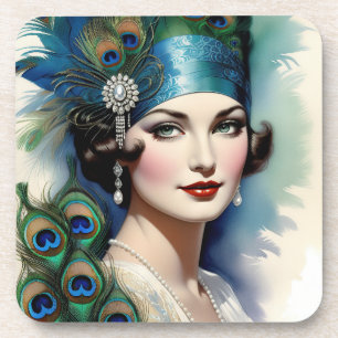 1920s Flapper Girl Peacock Coaster Set