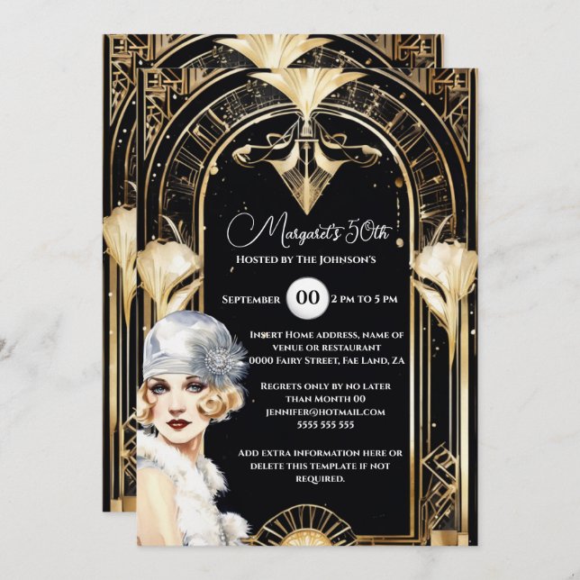 1920's flapper girl roaring twenties art deco chic invitation (Front/Back)