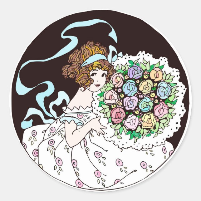 1920s Flower Girl Holding Bouquet  Classic Round Sticker (Front)