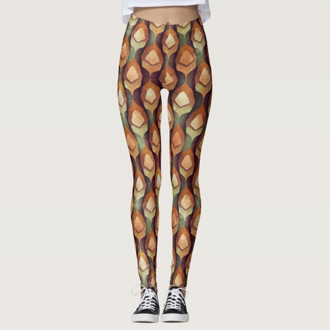 1920s Gold Teal Art Deco Fan Pattern Leggings (Front)
