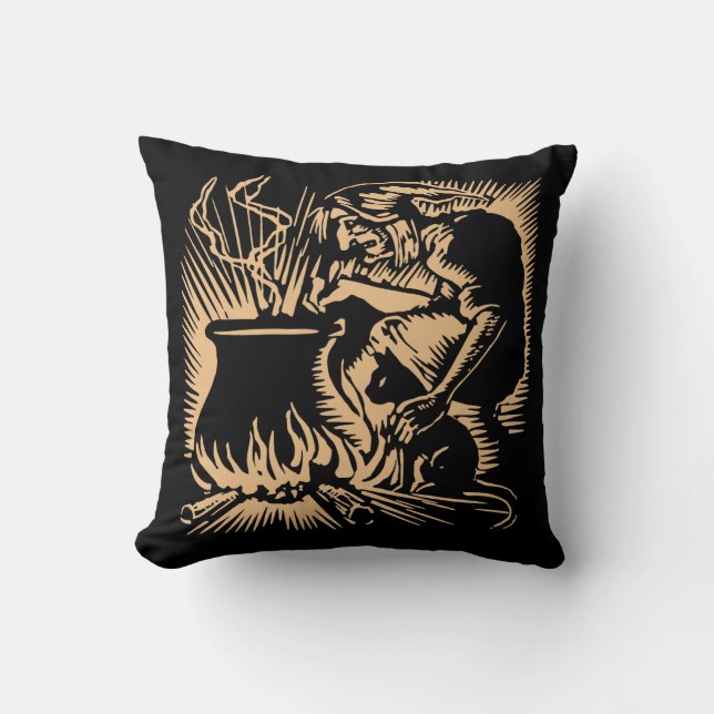 1920s Halloween Witch Cat and Cauldron Woodcut Cushion (Front)