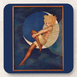 1920s hosiery ad beautiful woman on the moon coaster
