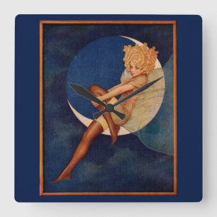 1920s hosiery ad beautiful woman on the moon square wall clock