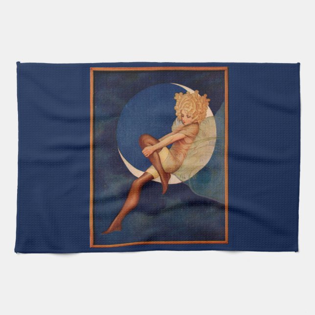 1920s hosiery ad beautiful woman on the moon tea towel (Horizontal)