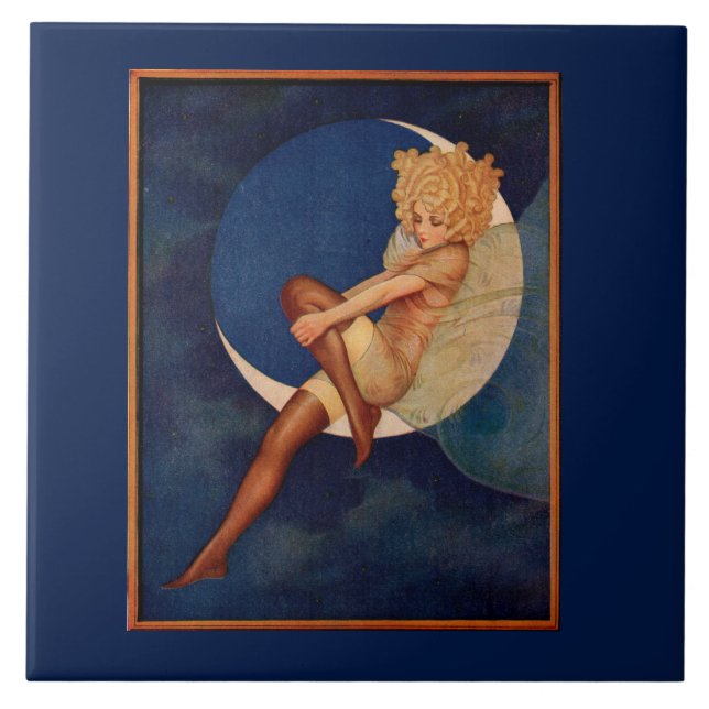 1920s hosiery ad beautiful woman on the moon tile (Front)
