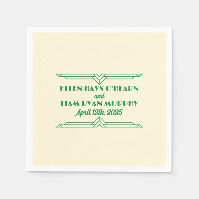 1920's Jade on Beige Wedding Cocktail Napkin (Front)