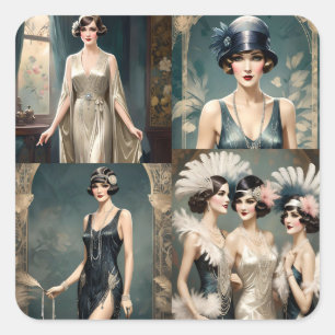 1920s Ladies Fashion Photo Collage, Square Sticker