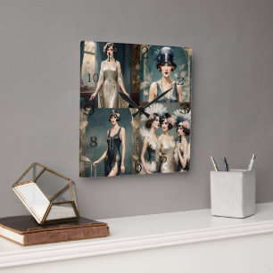 1920s Ladies Fashion Photo Collage, Square Wall Clock