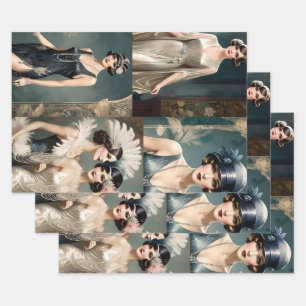 1920s Ladies Fashion Photo Collage, Wrapping Paper Sheet