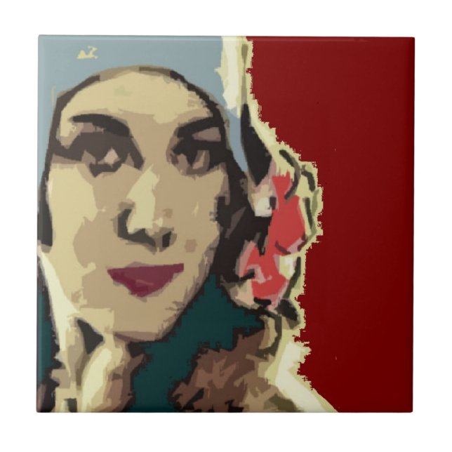 1920s Lady in a Blue Hat Burgundy Tile (Front)