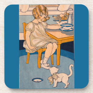 1920s little girl and her little white cat coaster