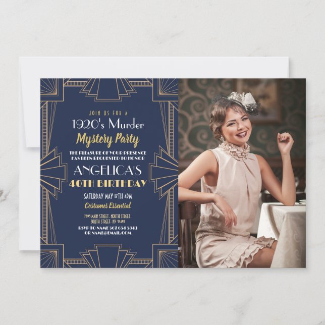 1920's Murder Mystery Birthday Dinner Party Photo Invitation (Front)