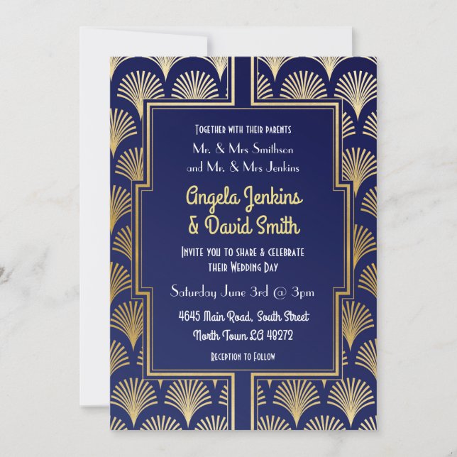 1920's Navy & Gold Art Deco Fan Gatsby Wedding Invitation (Front)