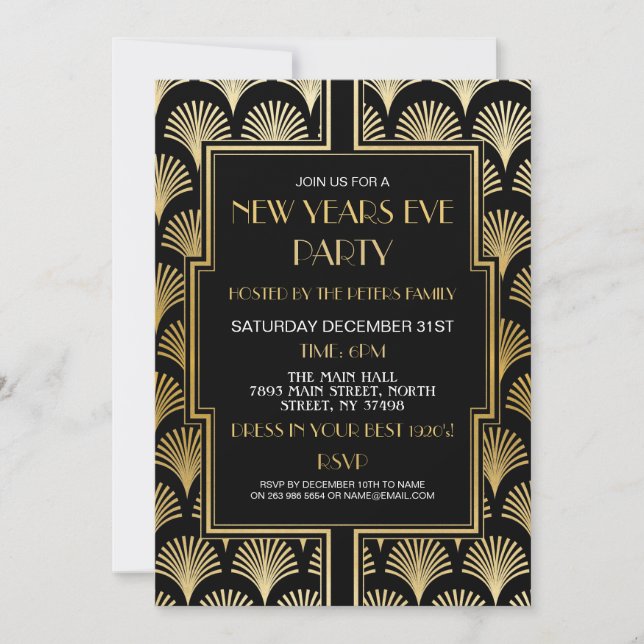 1920's New Years Eve Gatsby Party Black & Gold Fan Invitation (Front)