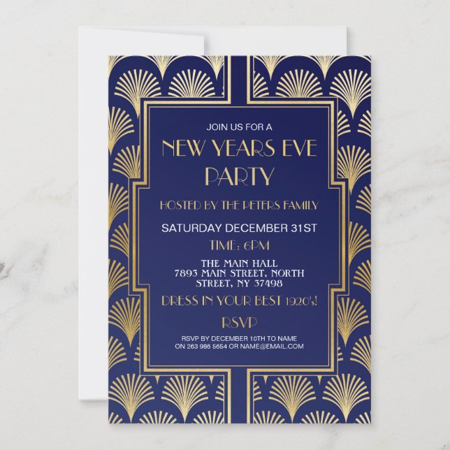 1920's New Years Eve Gatsby Party Navy Gold Fan Invitation (Front)