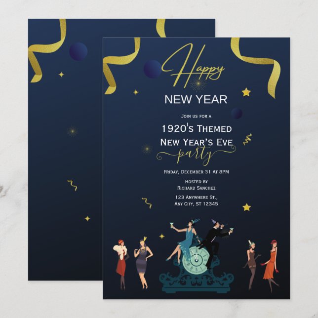 1920's New Years Eve Party Navy Gold Invitation (Front/Back)