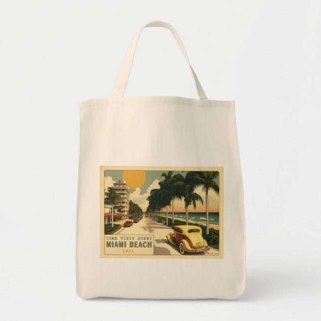 1920s Retro Miami Beach Ocean Drive Postcard Tote Bag (Front)
