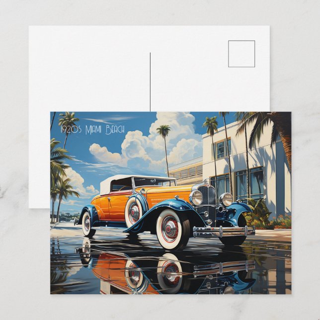 1920s roadster by a beach bungalow in Miami Beach Holiday Postcard (Front/Back)