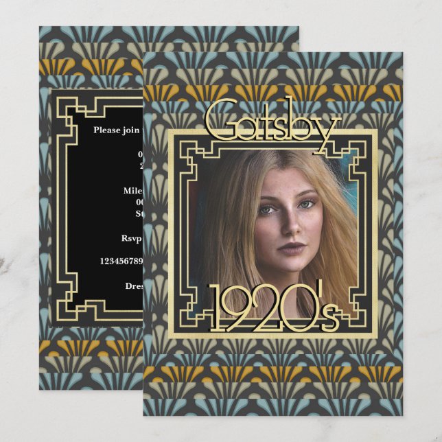 1920's roaring twenties Gatsby photo Art Deco chic Invitation (Front/Back)