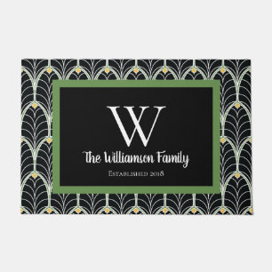 1920s Sophisticated Black & Green Art Deco Leaves Doormat