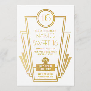1920s Sweet 16 Birthday Party Art Deco Gatsby Gold Invitation