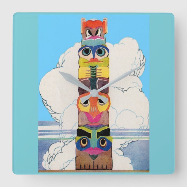 1920s totem pole square wall clock (Front)