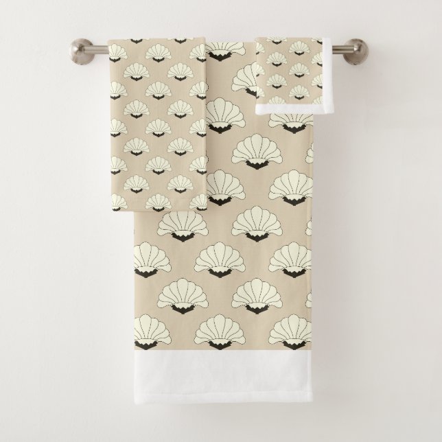 1920s Vintage Art Deco Beige & Black Flower Blooms Bath Towel Set (Insitu)