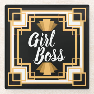 1920s Vintage Art Deco Black & Gold Girl Boss Glass Coaster