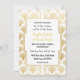 1920's White & Gold Art Deco Fan Gatsby Wedding Invitation