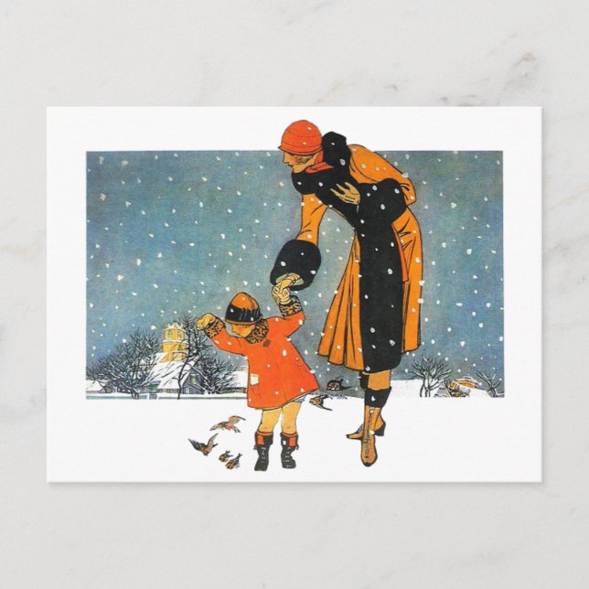 1920s Winter Scene - Woman & Child Feeding Birds Postcard (Front)