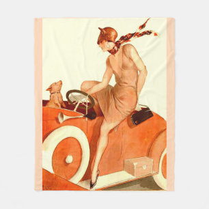 1920s woman, car and dog fleece blanket
