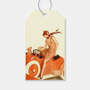 1920s woman, car and dog gift tags