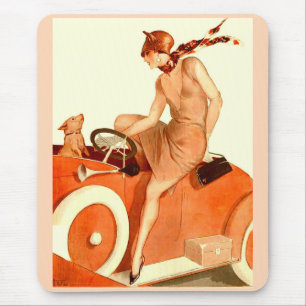 1920s woman, car and dog mouse mat