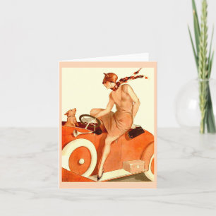 1920s woman, car and dog note card