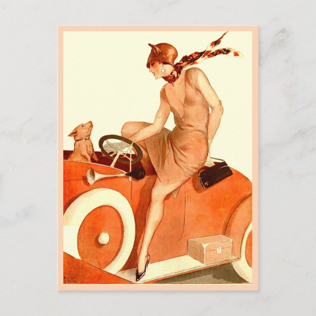 1920s woman, car and dog postcard (Front)