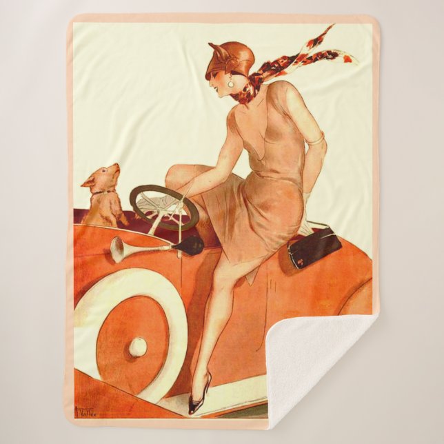 1920s woman, car and dog sherpa blanket (Front)