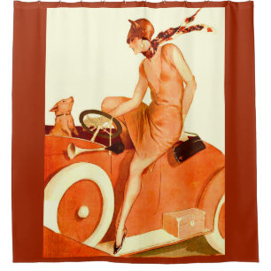 1920s woman, car and dog shower curtain