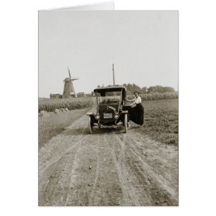 1920's Woman Car and Great Dutch Windmill Photo