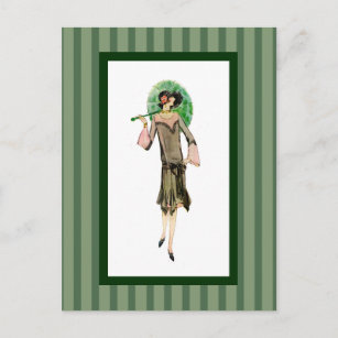 1920s Woman with Green Stripes Postcard