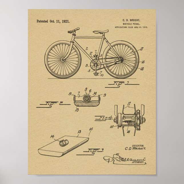 1921 Bicycle Pedal Design Patent Art Print (Front)