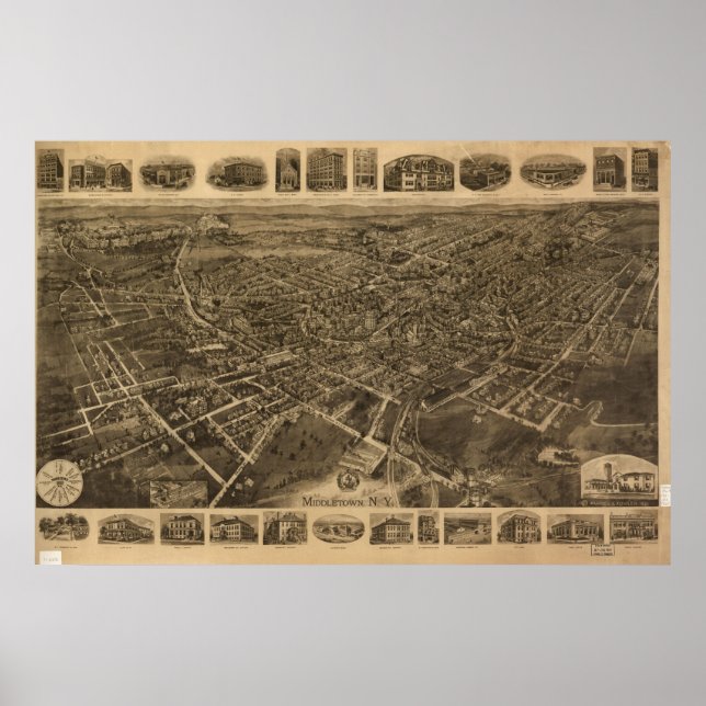 1921 Middletown, NY Birds Eye View Panoramic Map Poster (Front)